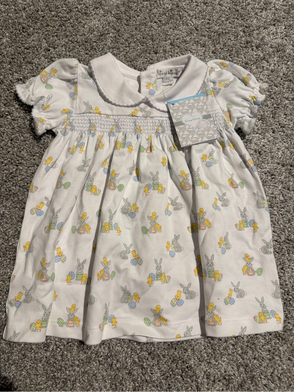 Kissy Kissy White Smocked Dress with Bunny & Chick Print